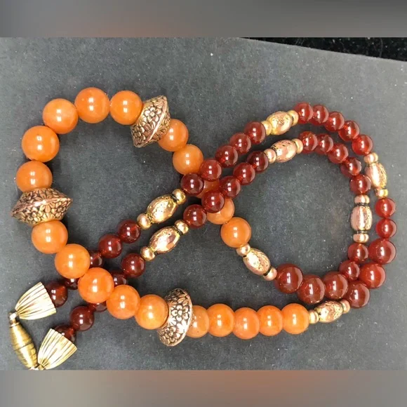 🔴SOLD🔴Graduating Antique Gold Garnet Orange Aventurine Boho Necklace by JM - Picture 3 of 11